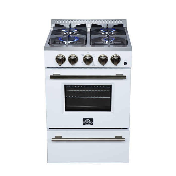 Forno Breno 24 Inch Freestanding Gas Range in White with Antique Brass, Compact Design