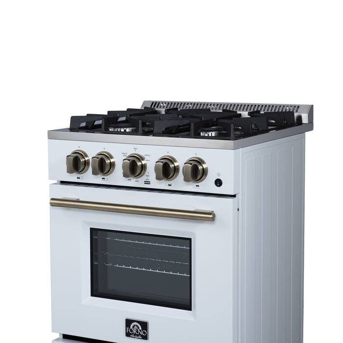 Forno Breno 24 Inch Freestanding Gas Range in White with Antique Brass, Compact Design