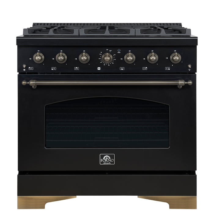 Forno Antico 36-Inch Freestanding Gas Range, Black, Antique Brass Design, 6 Burners, Convection Oven, Energy Efficient