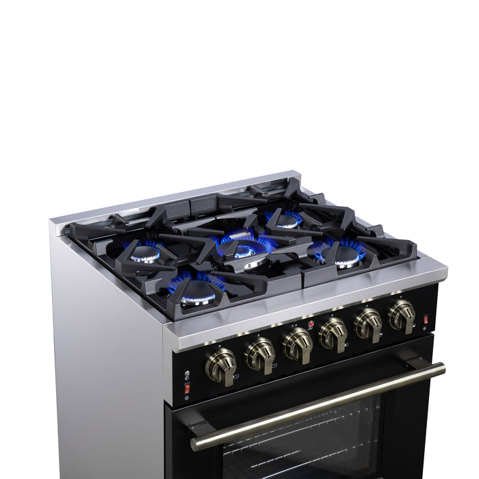 Forno Massimo 30-Inch Black Freestanding Gas Range, 4 Burners, True Convection Oven