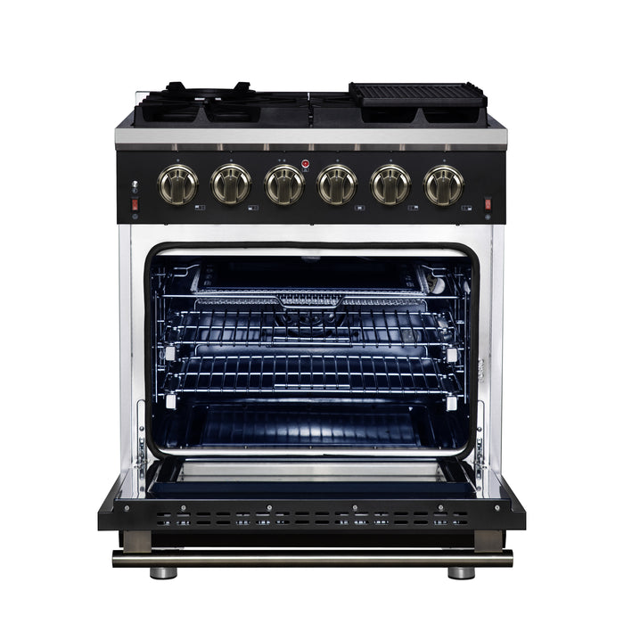 Forno Massimo 30-Inch Black Freestanding Gas Range, 4 Burners, True Convection Oven