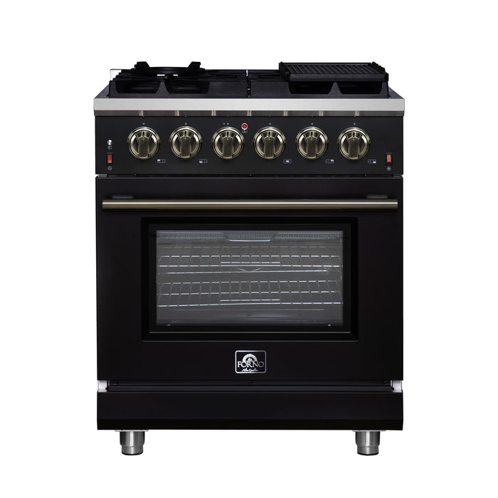 Forno Massimo 30-Inch Black Freestanding Gas Range, 4 Burners, True Convection Oven