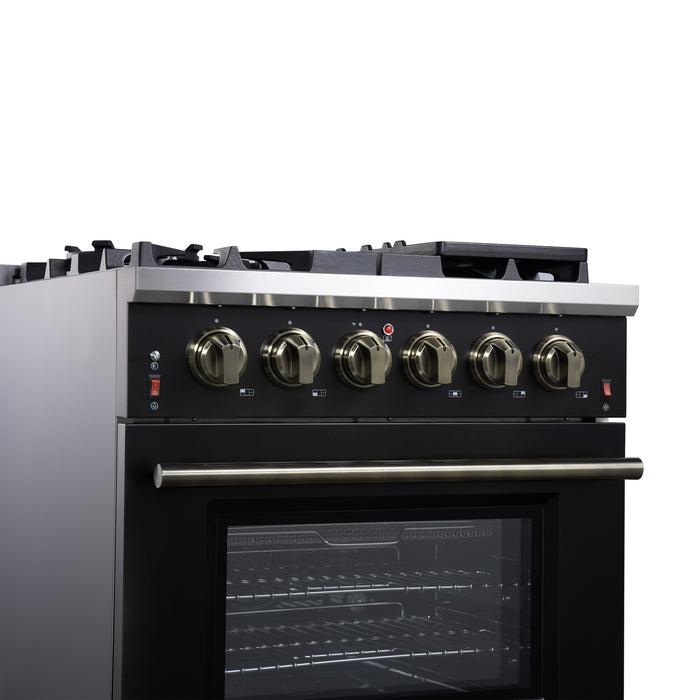 Forno Massimo 30-Inch Black Freestanding Gas Range, 4 Burners, True Convection Oven