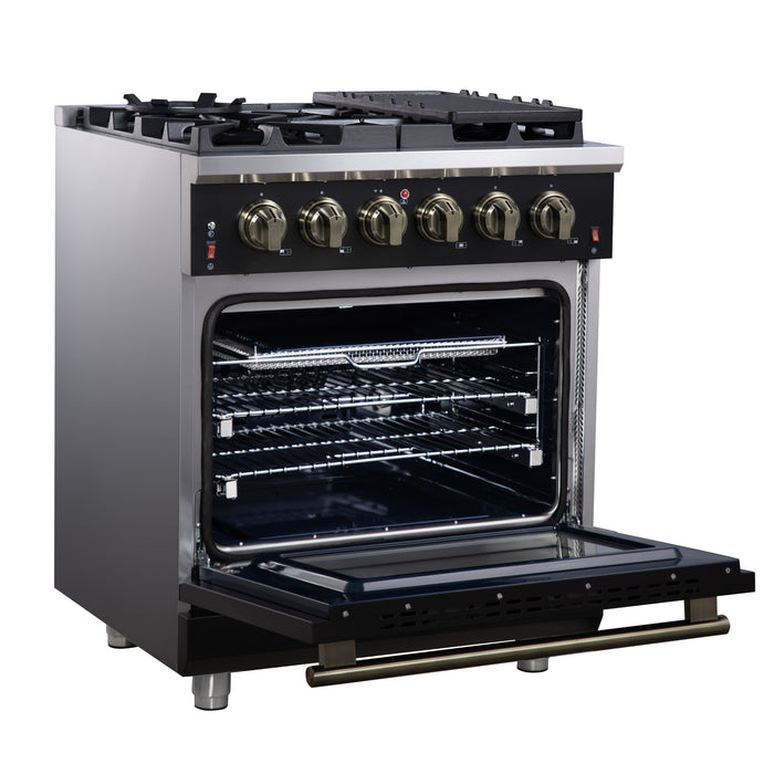 Forno Massimo 30-Inch Black Freestanding Gas Range, 4 Burners, True Convection Oven
