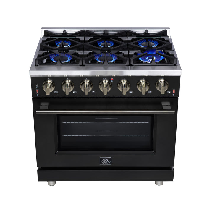 Forno Massimo 36-Inch Black Freestanding Gas Range, 6 Sealed Burners, Convection Oven, Energy Efficient