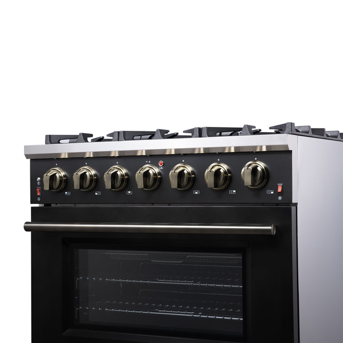 Forno Massimo 36-Inch Black Freestanding Gas Range, 6 Sealed Burners, Convection Oven, Energy Efficient