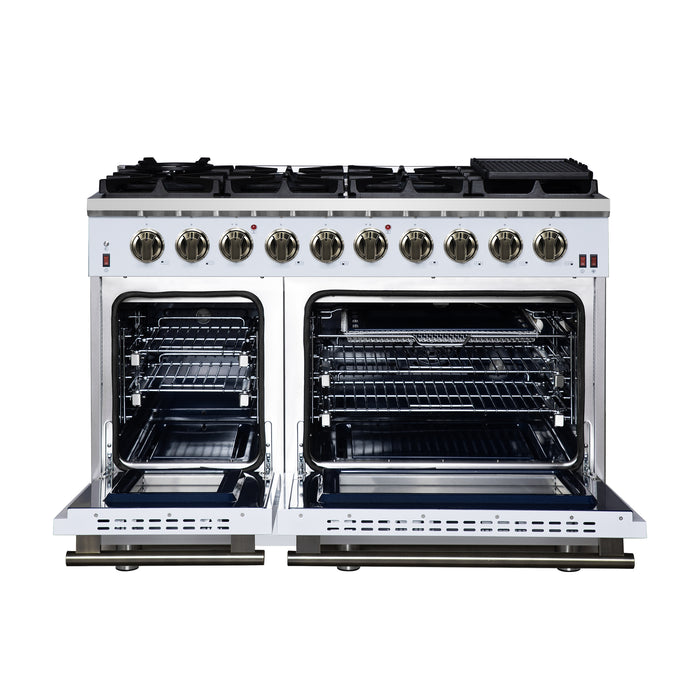 Forno Massimo 48-Inch White Freestanding Gas Range, 8 Burners, True Convection Oven