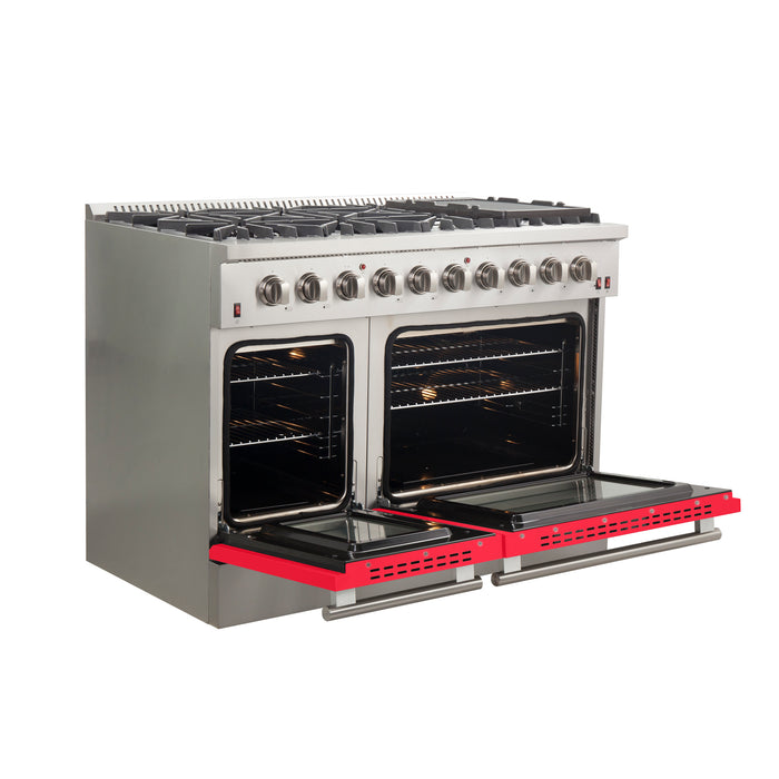 Forno Galiano 48-Inch Freestanding Gas Range, Stainless Steel, 8 Burners, 107,000 BTU, Griddle, Double Ovens, Energy Efficient, Red Doors