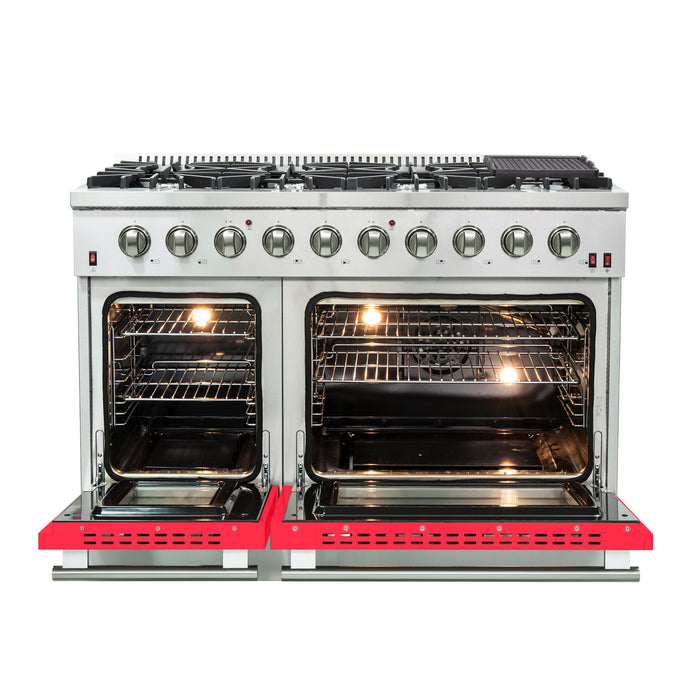 Forno Galiano 48-Inch Freestanding Gas Range, Stainless Steel, 8 Burners, 107,000 BTU, Griddle, Double Ovens, Energy Efficient, Red Doors