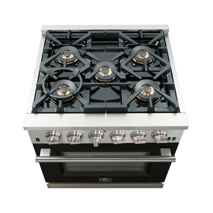 Forno Capriasca 30-Inch Freestanding Gas Range, 4 Burners, True Convection Oven, Black Door