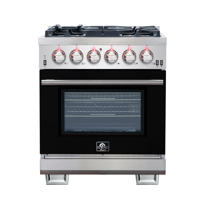Forno Capriasca 30-Inch Freestanding Gas Range, 4 Burners, True Convection Oven, Black Door