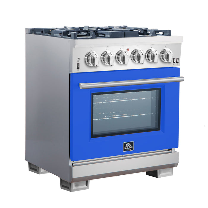 Forno Capriasca 30-Inch Freestanding Gas Range, 4 Burners, True Convection Oven, Blue Door