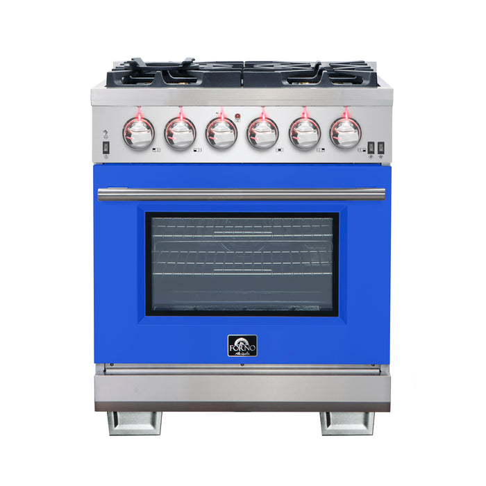 Forno Capriasca 30-Inch Freestanding Gas Range, 4 Burners, True Convection Oven, Blue Door