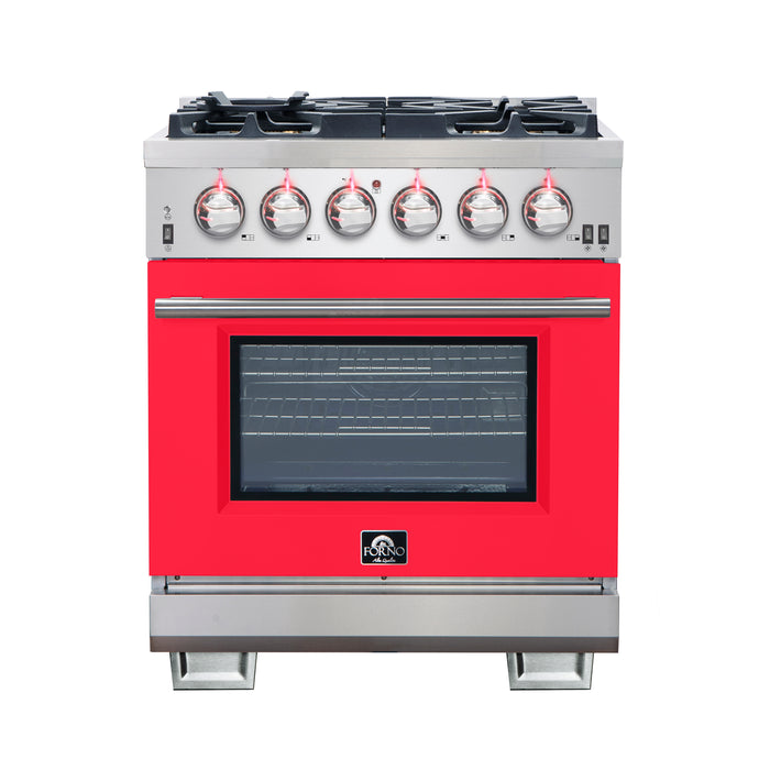 Forno Capriasca 30-Inch Freestanding Gas Range, 4 Burners, True Convection Oven, Red Door