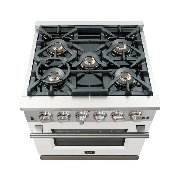 Forno Capriasca 30-Inch Freestanding Gas Range, 4 Burners, True Convection Oven, White Door