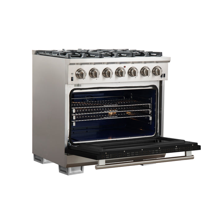 Forno Capriasca 36-Inch Gas Range, Stainless Steel, 6 Brass Burners, 120,000 BTU, Convection Oven, Energy Efficient, Black door