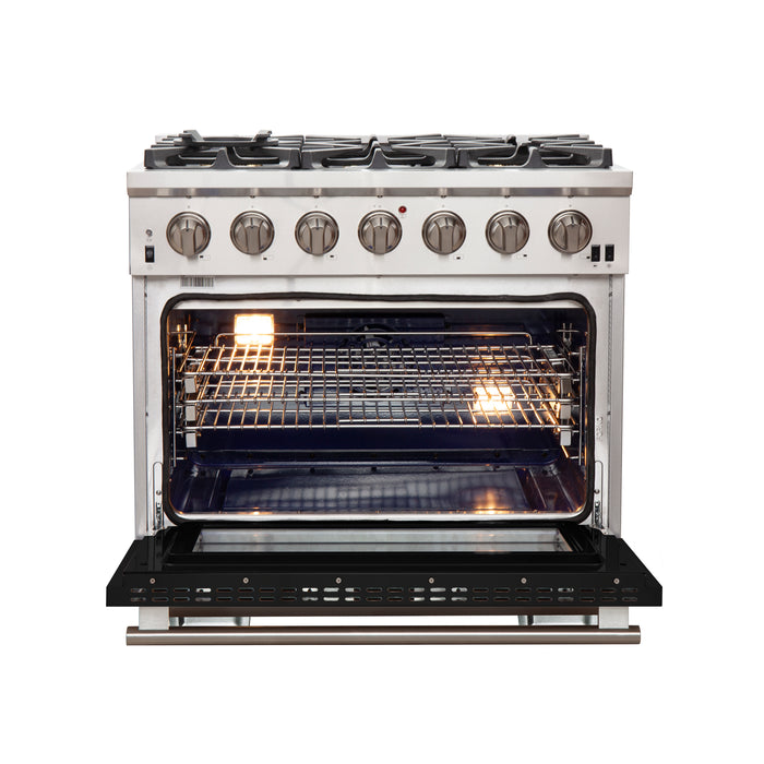 Forno Capriasca 36-Inch Gas Range, Stainless Steel, 6 Brass Burners, 120,000 BTU, Convection Oven, Energy Efficient, Black door