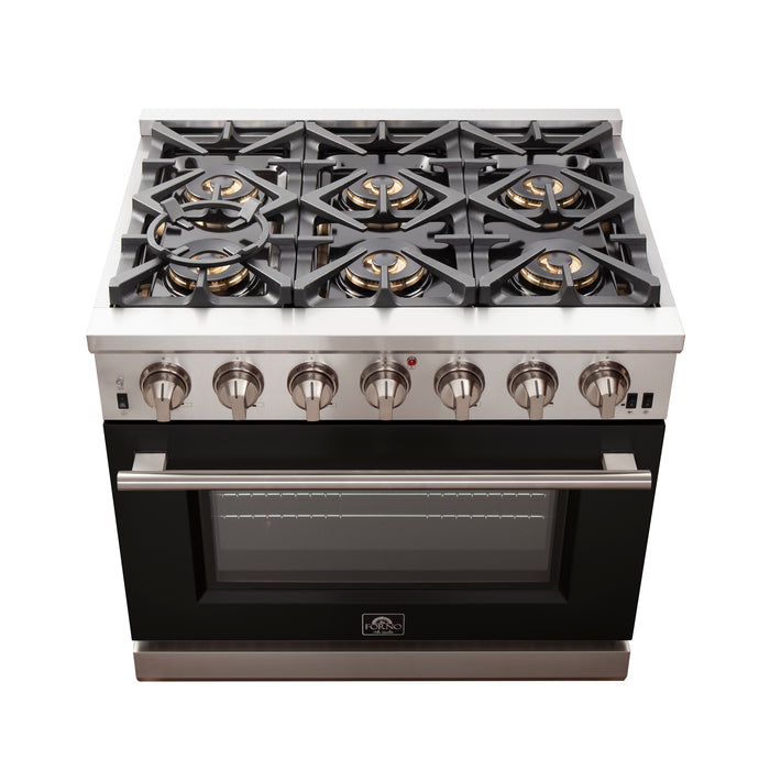 Forno Capriasca 36-Inch Gas Range, Stainless Steel, 6 Brass Burners, 120,000 BTU, Convection Oven, Energy Efficient, Black door