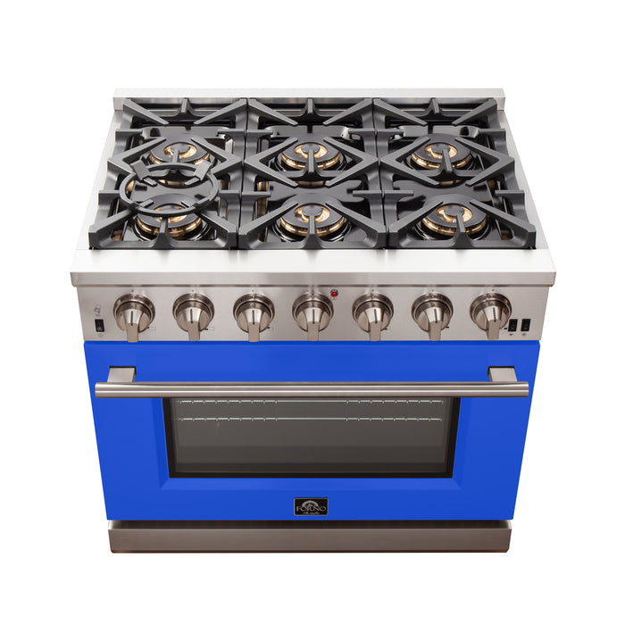 Forno Capriasca 36-Inch Gas Range, Stainless Steel, 6 Brass Burners, 120,000 BTU, Convection Oven, Energy Efficient, Blue Door