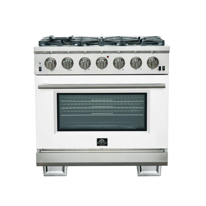 Forno Capriasca 36-Inch Gas Range, Stainless Steel, 6 Brass Burners, 120,000 BTU, Convection Oven, Energy Efficient, White Door