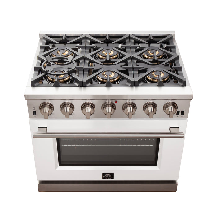 Forno Capriasca 36-Inch Gas Range, Stainless Steel, 6 Brass Burners, 120,000 BTU, Convection Oven, Energy Efficient, White Door
