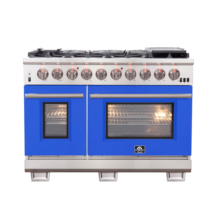 FORNO Capriasca 48-inch Gas Range Stainless Steel, 8 Brass Burners 160,000 BTU, 6.58 cu.ft. Double Oven, Blue Doors