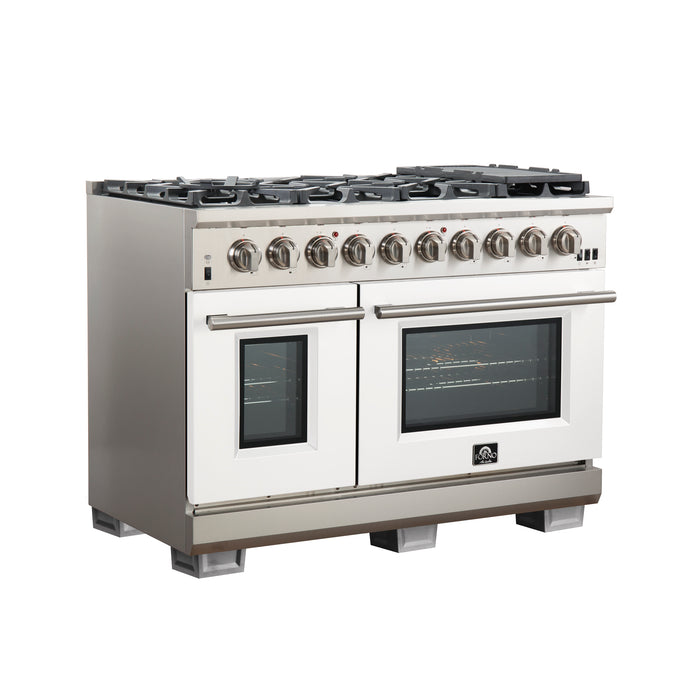 FORNO Capriasca 48-inch Gas Range Stainless Steel, 8 Brass Burners 160,000 BTU, 6.58 cu.ft. Double Oven, White Doors