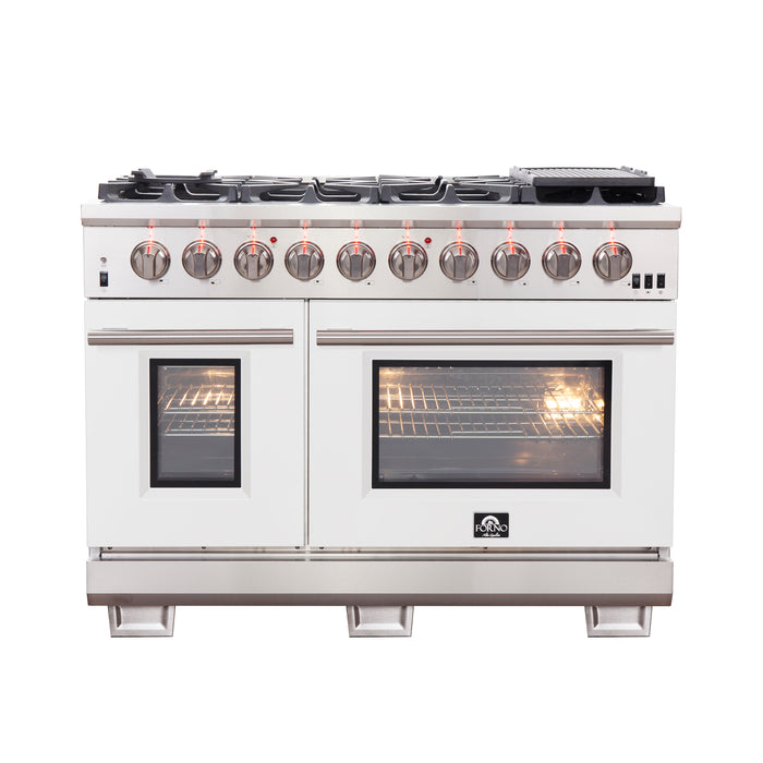 FORNO Capriasca 48-inch Gas Range Stainless Steel, 8 Brass Burners 160,000 BTU, 6.58 cu.ft. Double Oven, White Doors