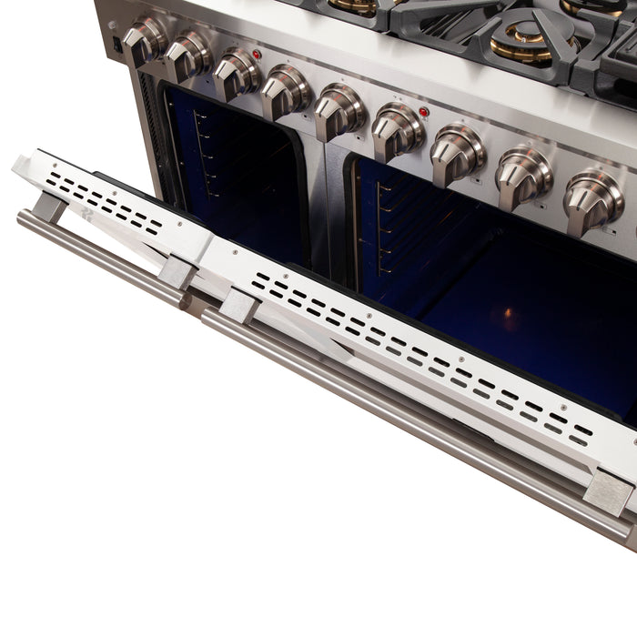 FORNO Capriasca 48-inch Gas Range Stainless Steel, 8 Brass Burners 160,000 BTU, 6.58 cu.ft. Double Oven, White Doors