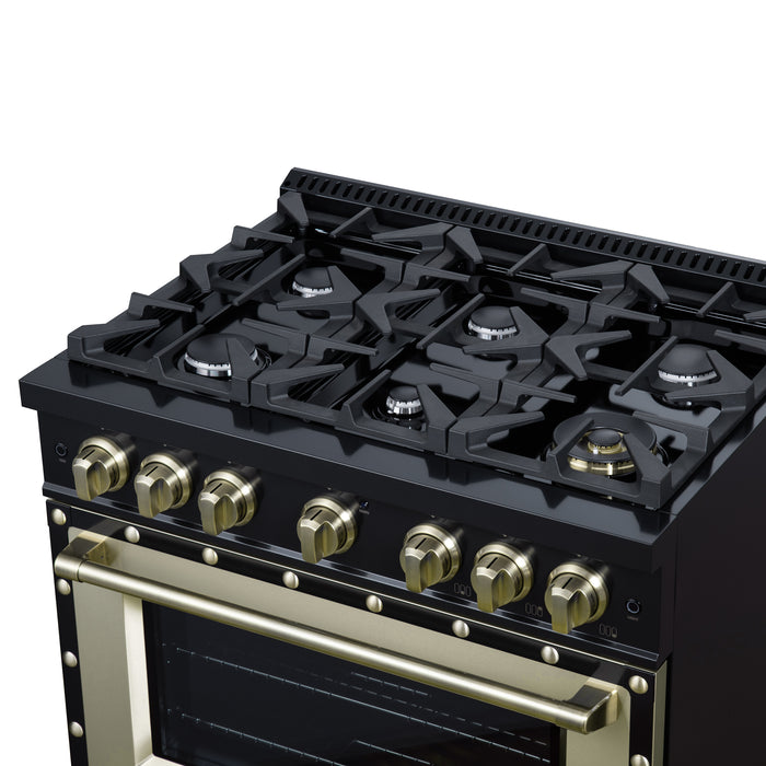 Valente 36" Gas Range in Black, 6 Sealed Burnes, 71 000 BTU Cooktop Output , 5.2 Cu.Ft. convection Oven, Telescopic Racks