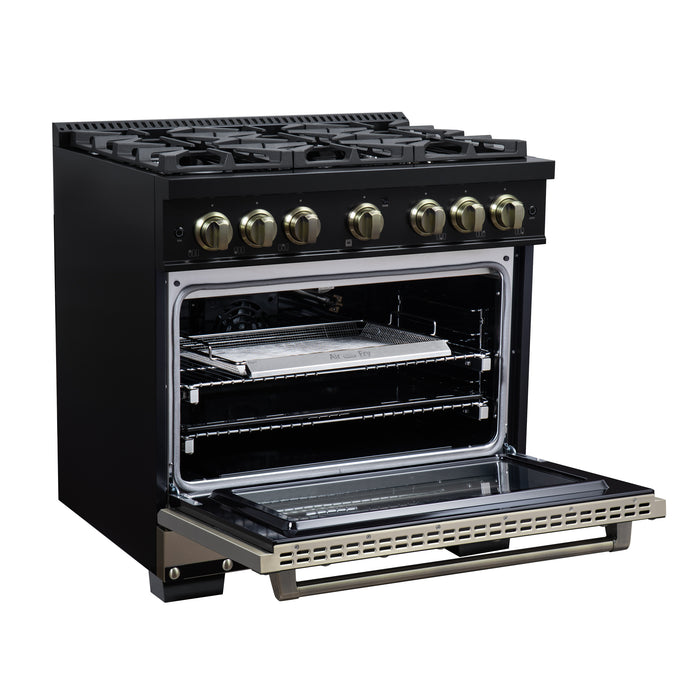 Valente 36" Gas Range in Black, 6 Sealed Burnes, 71 000 BTU Cooktop Output , 5.2 Cu.Ft. convection Oven, Telescopic Racks