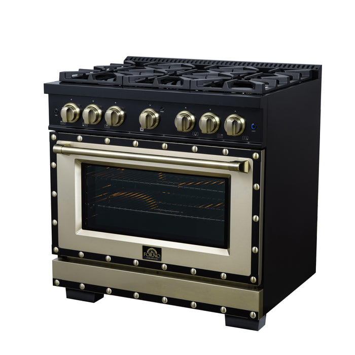 Valente 36" Gas Range in Black, 6 Sealed Burnes, 71 000 BTU Cooktop Output , 5.2 Cu.Ft. convection Oven, Telescopic Racks