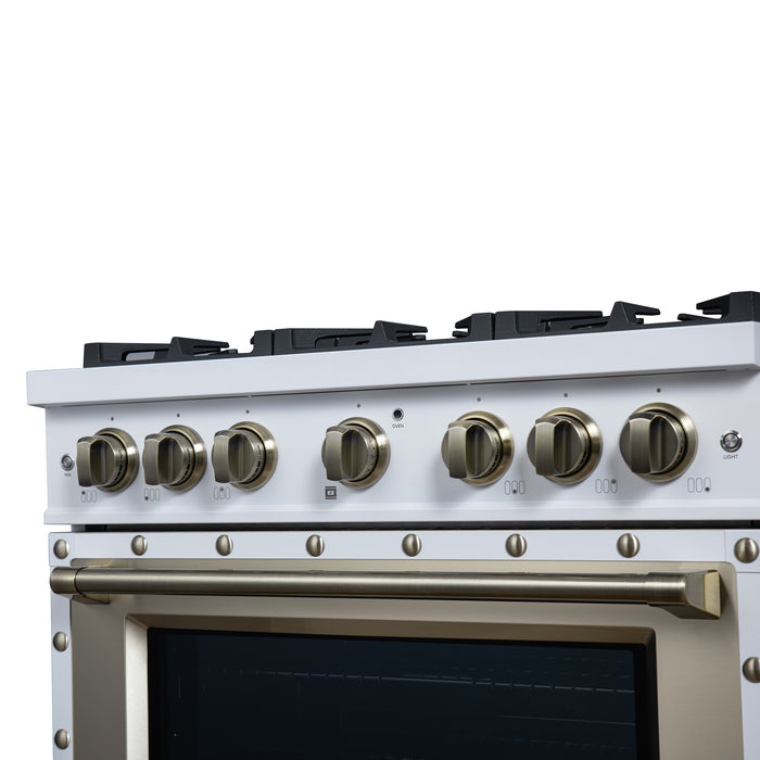 Valente 36" Gas Range in White, 6 Sealed Burnes, 71 000 BTU Cooktop Output , 5.2 Cu.Ft. convection Oven, Telescopic Racks