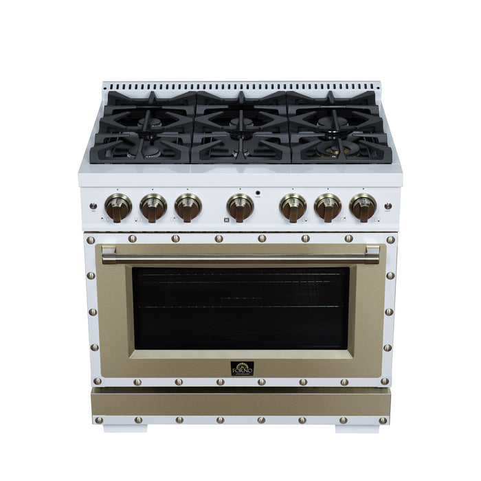 Valente 36" Gas Range in White, 6 Sealed Burnes, 71 000 BTU Cooktop Output , 5.2 Cu.Ft. convection Oven, Telescopic Racks
