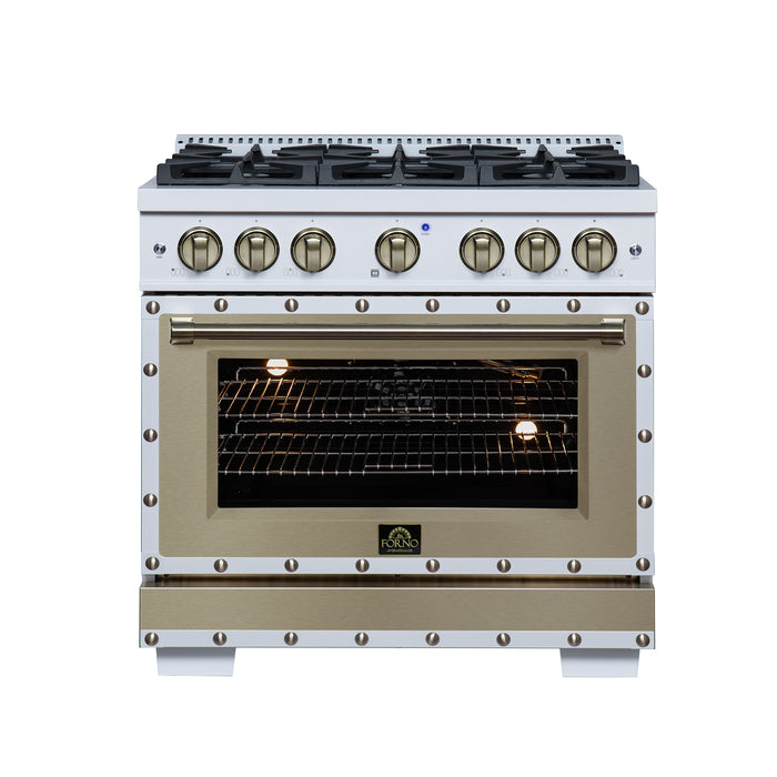 Valente 36" Gas Range in White, 6 Sealed Burnes, 71 000 BTU Cooktop Output , 5.2 Cu.Ft. convection Oven, Telescopic Racks