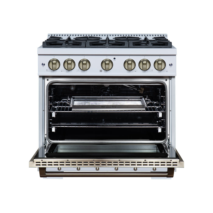 Valente 36" Gas Range in White, 6 Sealed Burnes, 71 000 BTU Cooktop Output , 5.2 Cu.Ft. convection Oven, Telescopic Racks