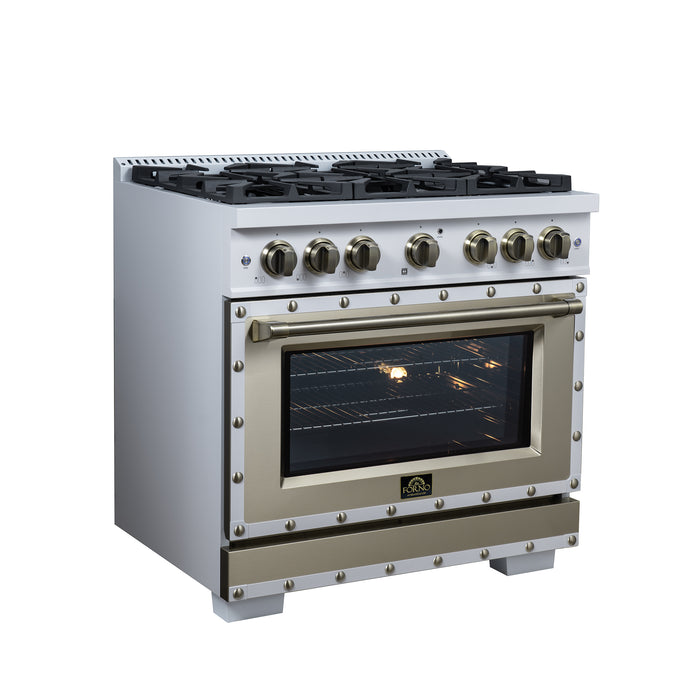 Valente 36" Gas Range in White, 6 Sealed Burnes, 71 000 BTU Cooktop Output , 5.2 Cu.Ft. convection Oven, Telescopic Racks