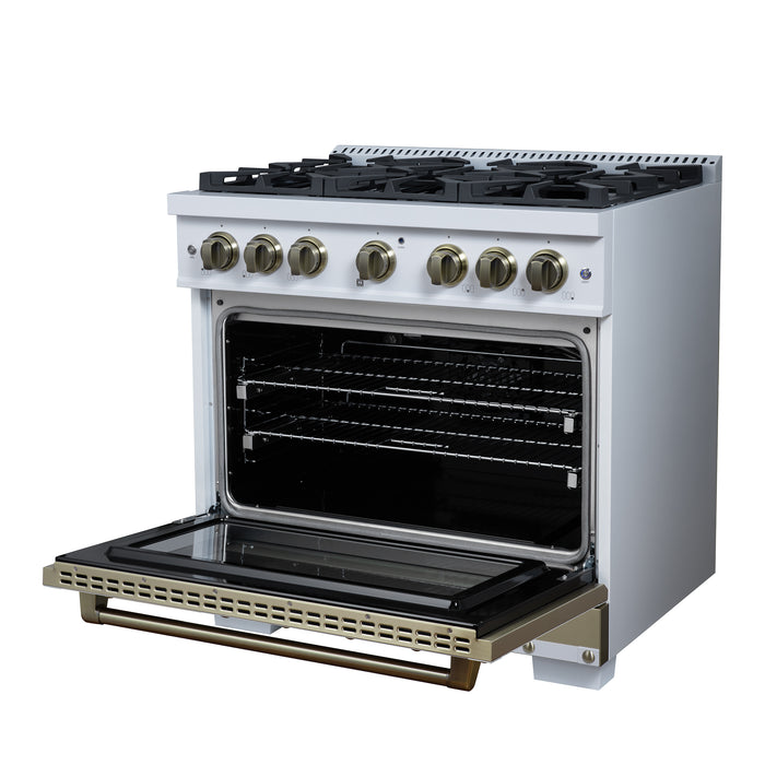 Valente 36" Gas Range in White, 6 Sealed Burnes, 71 000 BTU Cooktop Output , 5.2 Cu.Ft. convection Oven, Telescopic Racks