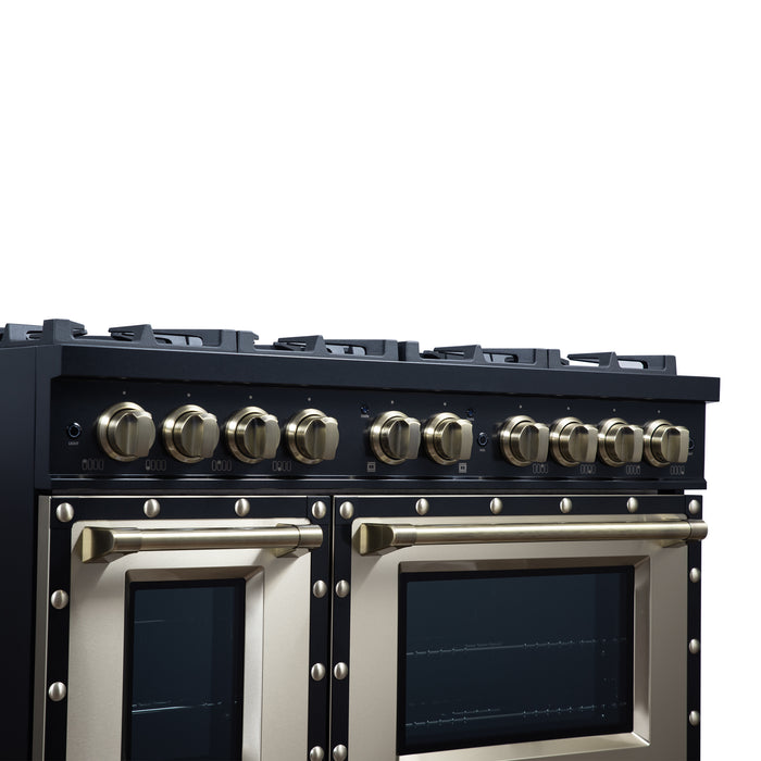 Valente 48" Gas Range in Black, 8 Sealed Burnes, 94 000 BTU Cooktop Output, 6.7 Cu.Ft. Double Oven, Telescopic Racks