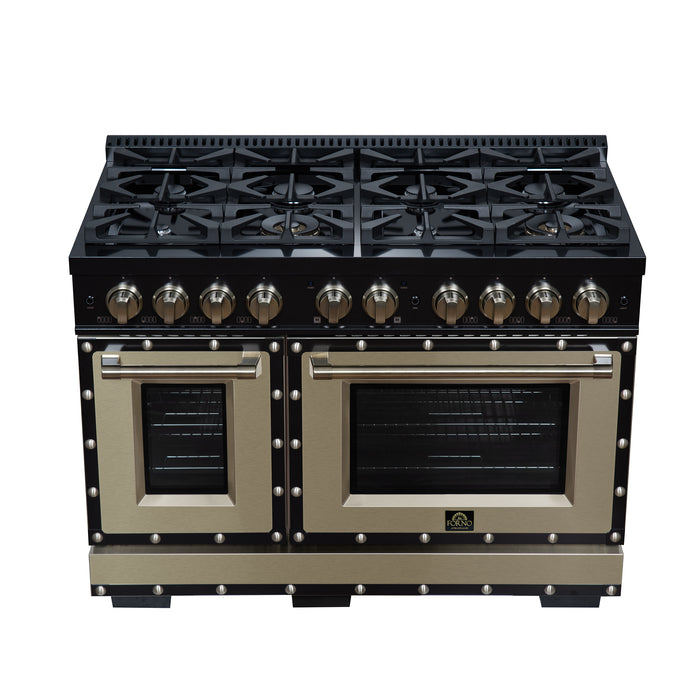 Valente 48" Gas Range in Black, 8 Sealed Burnes, 94 000 BTU Cooktop Output, 6.7 Cu.Ft. Double Oven, Telescopic Racks