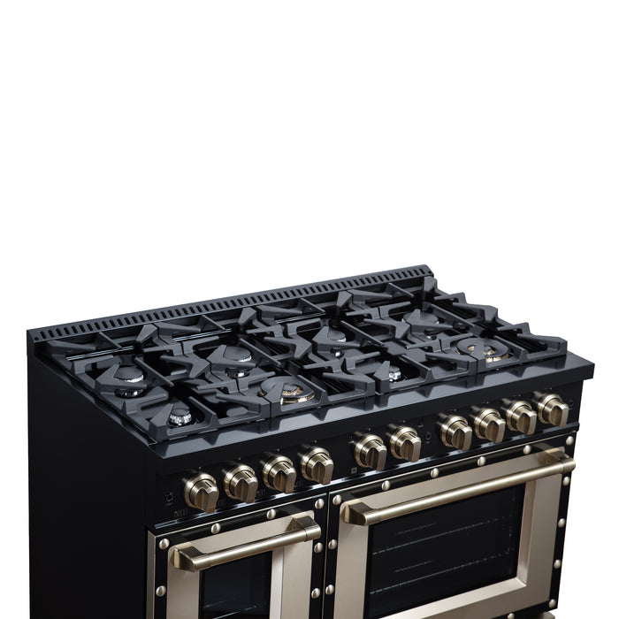 Valente 48" Gas Range in Black, 8 Sealed Burnes, 94 000 BTU Cooktop Output, 6.7 Cu.Ft. Double Oven, Telescopic Racks