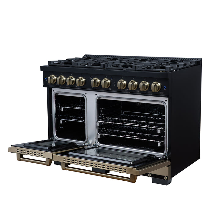 Valente 48" Gas Range in Black, 8 Sealed Burnes, 94 000 BTU Cooktop Output, 6.7 Cu.Ft. Double Oven, Telescopic Racks