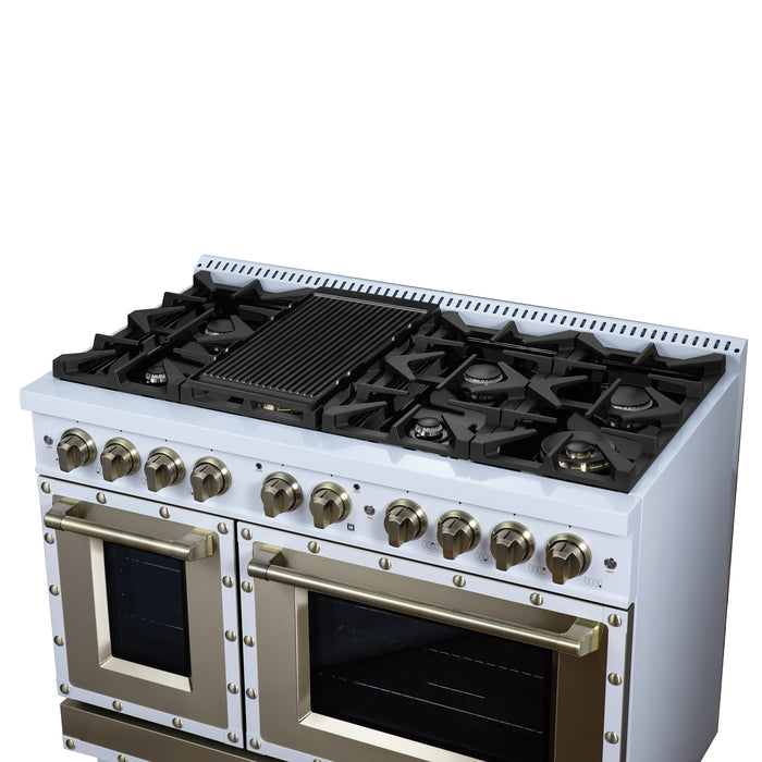 Valente 48" Gas Range in White, 8 Sealed Burnes, 94 000 BTU Cooktop Output, 6.7 Cu.Ft. Double Oven, Telescopic Racks
