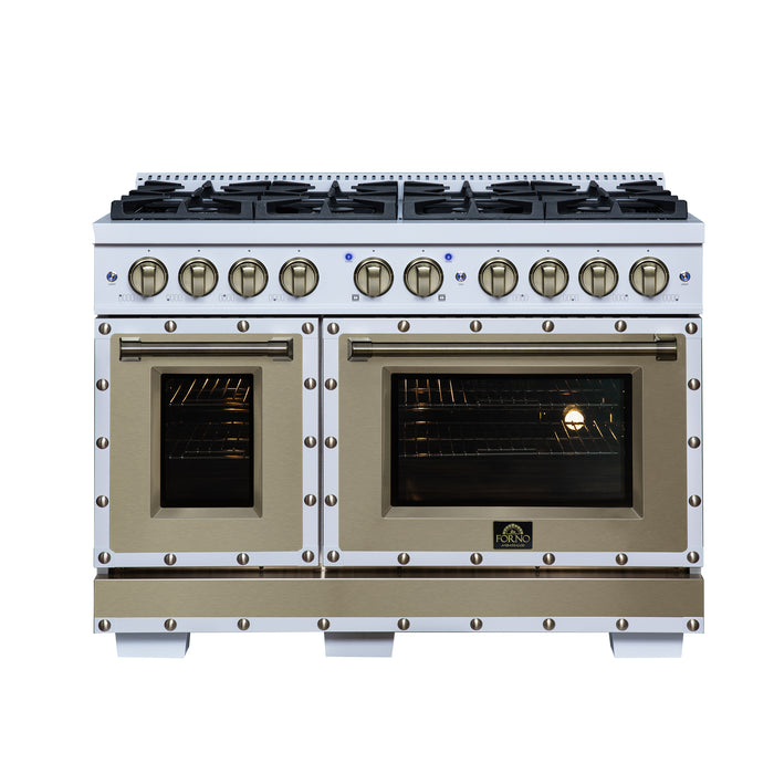 Valente 48" Gas Range in White, 8 Sealed Burnes, 94 000 BTU Cooktop Output, 6.7 Cu.Ft. Double Oven, Telescopic Racks