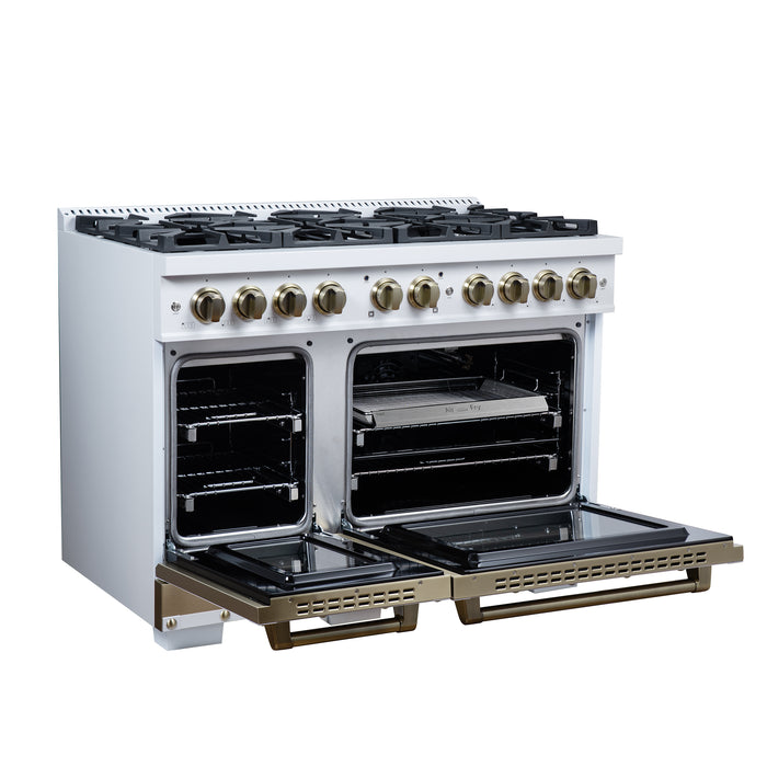 Valente 48" Gas Range in White, 8 Sealed Burnes, 94 000 BTU Cooktop Output, 6.7 Cu.Ft. Double Oven, Telescopic Racks