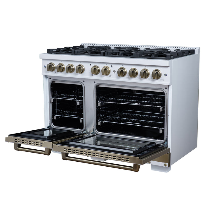 Valente 48" Gas Range in White, 8 Sealed Burnes, 94 000 BTU Cooktop Output, 6.7 Cu.Ft. Double Oven, Telescopic Racks