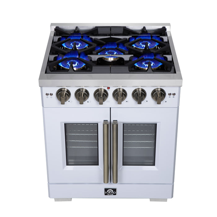 Forno Capriasca 30-Inch White Freestanding French Door Gas Range, 4 Burners, Convection Oven, Energy Efficient