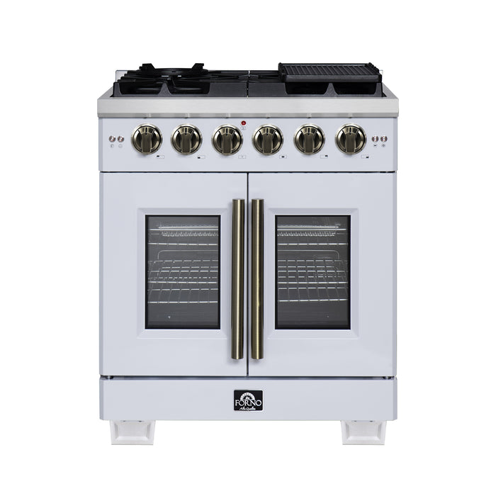 Forno Capriasca 30-Inch White Freestanding French Door Gas Range, 4 Burners, Convection Oven, Energy Efficient