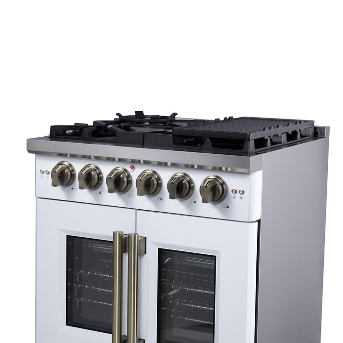 Forno Capriasca 30-Inch White Freestanding French Door Gas Range, 4 Burners, Convection Oven, Energy Efficient