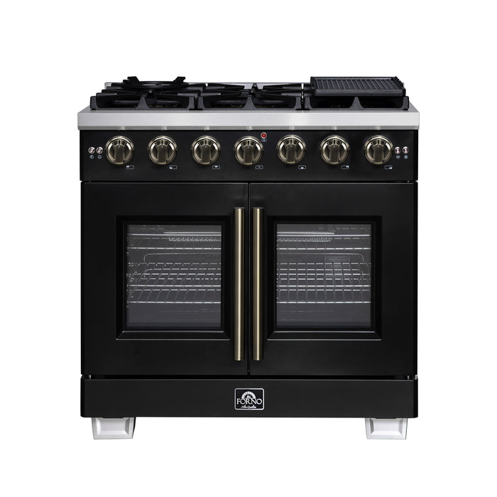 Forno Capriasca 36-Inch Black Freestanding French Door Gas Range, 6 Burners, Convection Oven, Energy Efficient